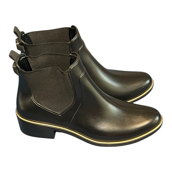 Kate Spade Sedgewick Rain Boots Black Gold Trim Rubber Water Resistant Trendy 9 - Picture 1 of 11